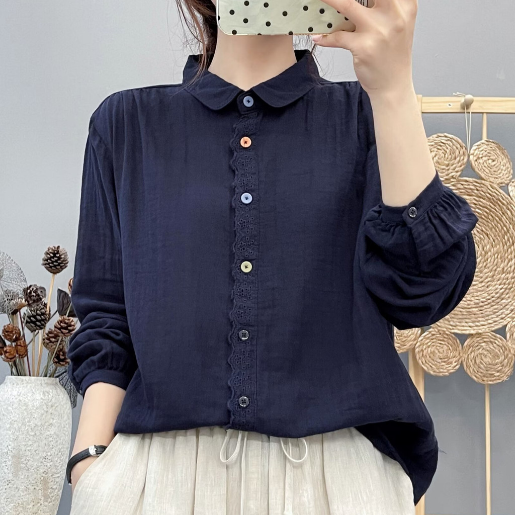 Áo sơ mi nữ thu đông mới, 100% cotton chất lượng cao, cổ tròn màu trơn tay dài, thiết kế đơn giản và thoải mái