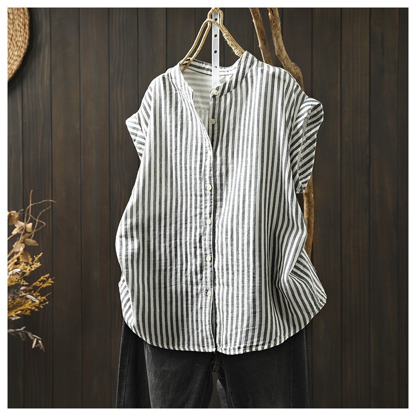 Quần áo mùa hè nữ phong cách Nhật Bản - Áo sơ mi cotton sọc kẻ tay ngắn thoáng mát