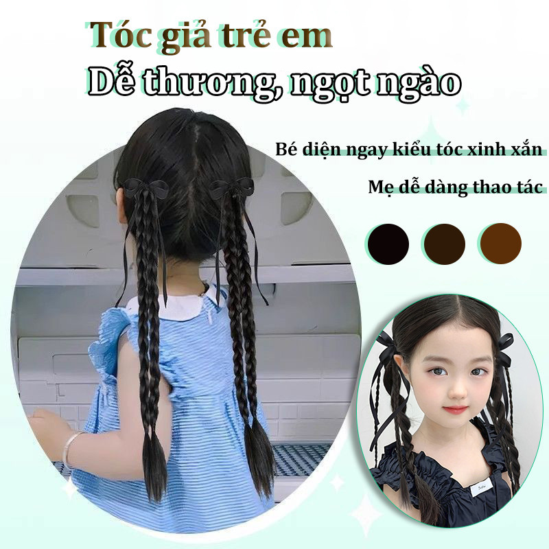Bộ tóc giả cho bé gái, tết bím hai bên, có nơ, có chun nhỏ, dài 36–40 cm. Bím tóc tết, bím nhỏ