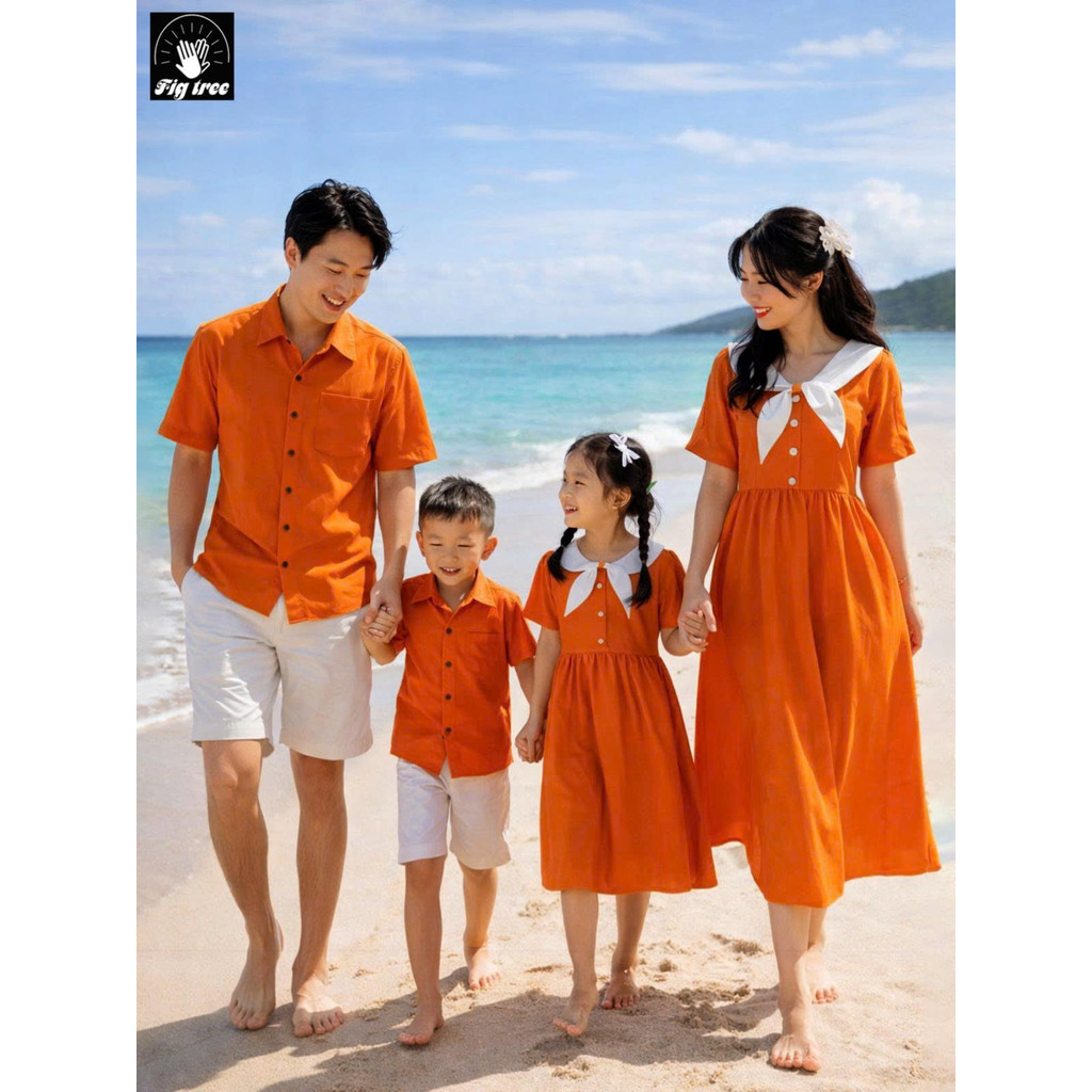 Đồng Phục Gia Đình Fig Tree Màu Cam Đũi, Áo Sơ Mi Nam Đầm Nữ Trendy Đi Biển, Du Lịch Nổi Bật