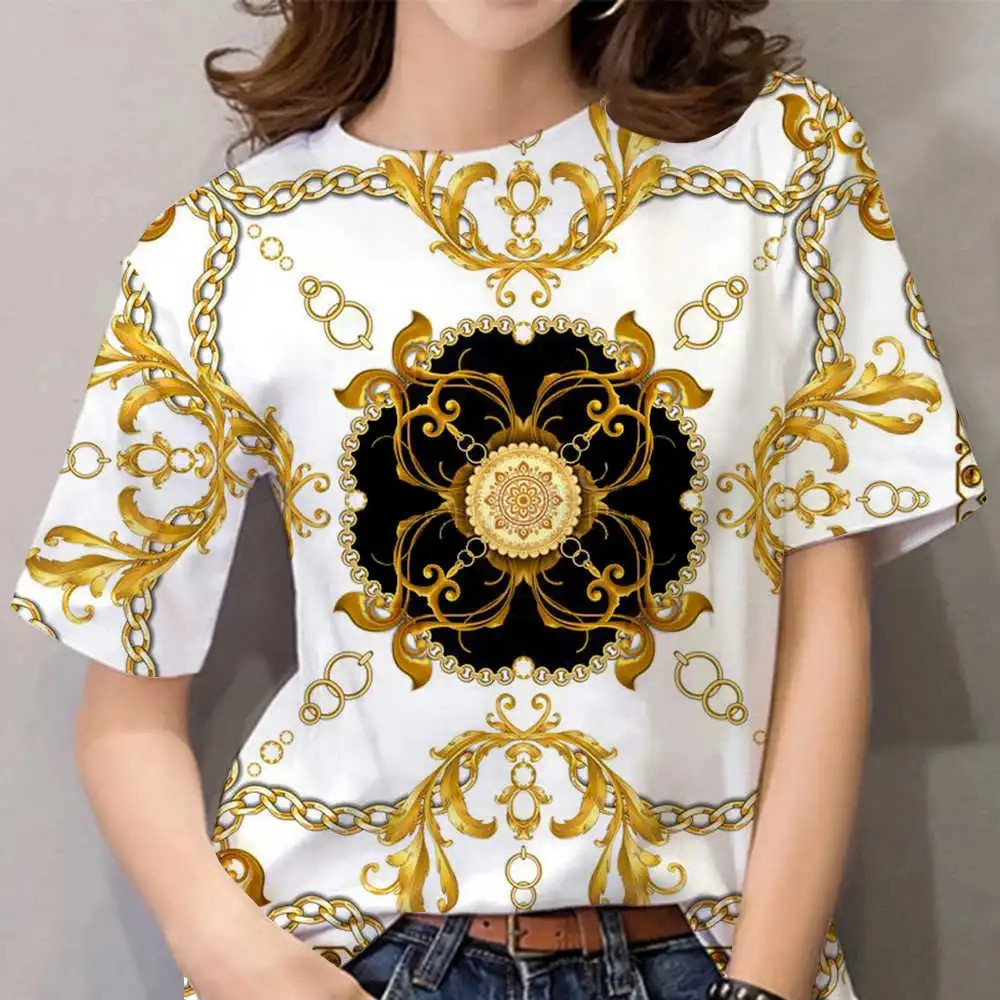 Áo thun cổ tròn tay ngắn in họa tiết Baroque 3D, thoải mái cho mùa hè