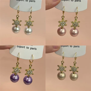 Bông Tai Full Kim Cương và Ngọt Trai Bông Tuyết, Thiết Kế Retro Sang Trọng