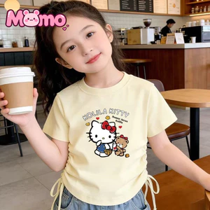 Áo thun cổ tròn tay ngắn in hình hoạt hình Hello Kitty dễ thương dành cho bé gái có thiết kế dây rút