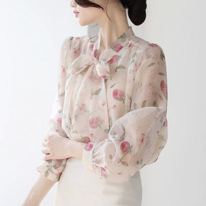 Áo sơ mi nữ voan dáng rộng, dây buộc ngọt ngào