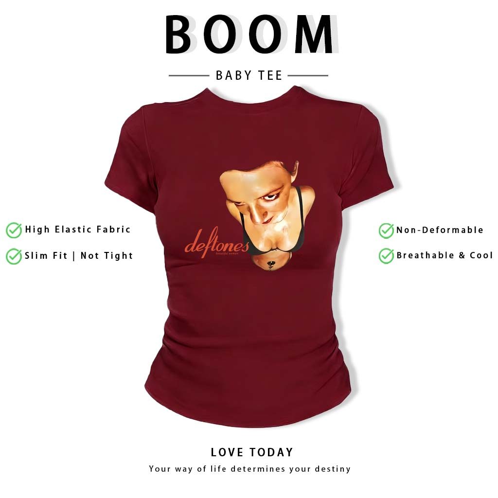 BOOM Áo Baby Tee Nữ Cotton Ôm Body-Áo Thun Ngắn Tay Y2K In Hình PhongCách Mùa Hè, Cổ Tròn Hàng Đầucách hàn quốc phongQ46