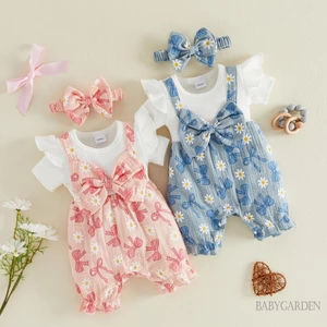 Sơ Sinh Bé Gái Mềm Áo liền quần Ruffle Tay Ngắn Cổ Tròn Nơ Phía Trước Trẻ Sơ Sinh Bộ Đồ Ngủ Mùa Hè