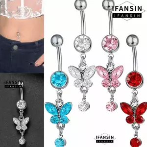 Nhẫn nút rốn IFASIN phong cách bướm nhẹ, thiết kế kẻ sọc đơn giản sáng bóng cho body piercing