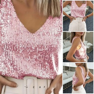 Women's Sleeveless Sparkles Shimmer Camisole Vest Glitter Sequins Tank Tops