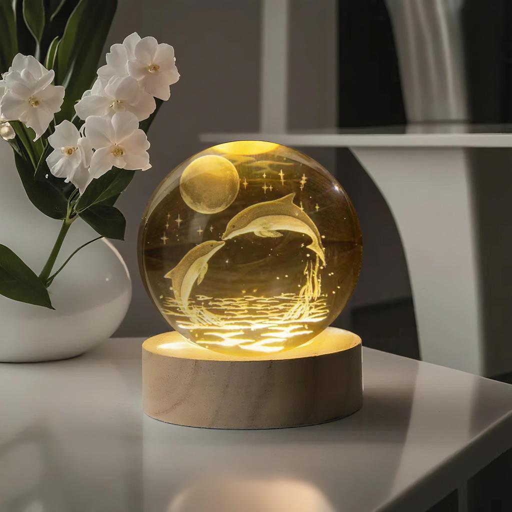Quả cầu pha lê khắc 3D hình cá voi và cá heo đại dương cao cấp, đèn ngủ, quà tặng sinh nhật sáng tạo và quà lưu niệm. Đè