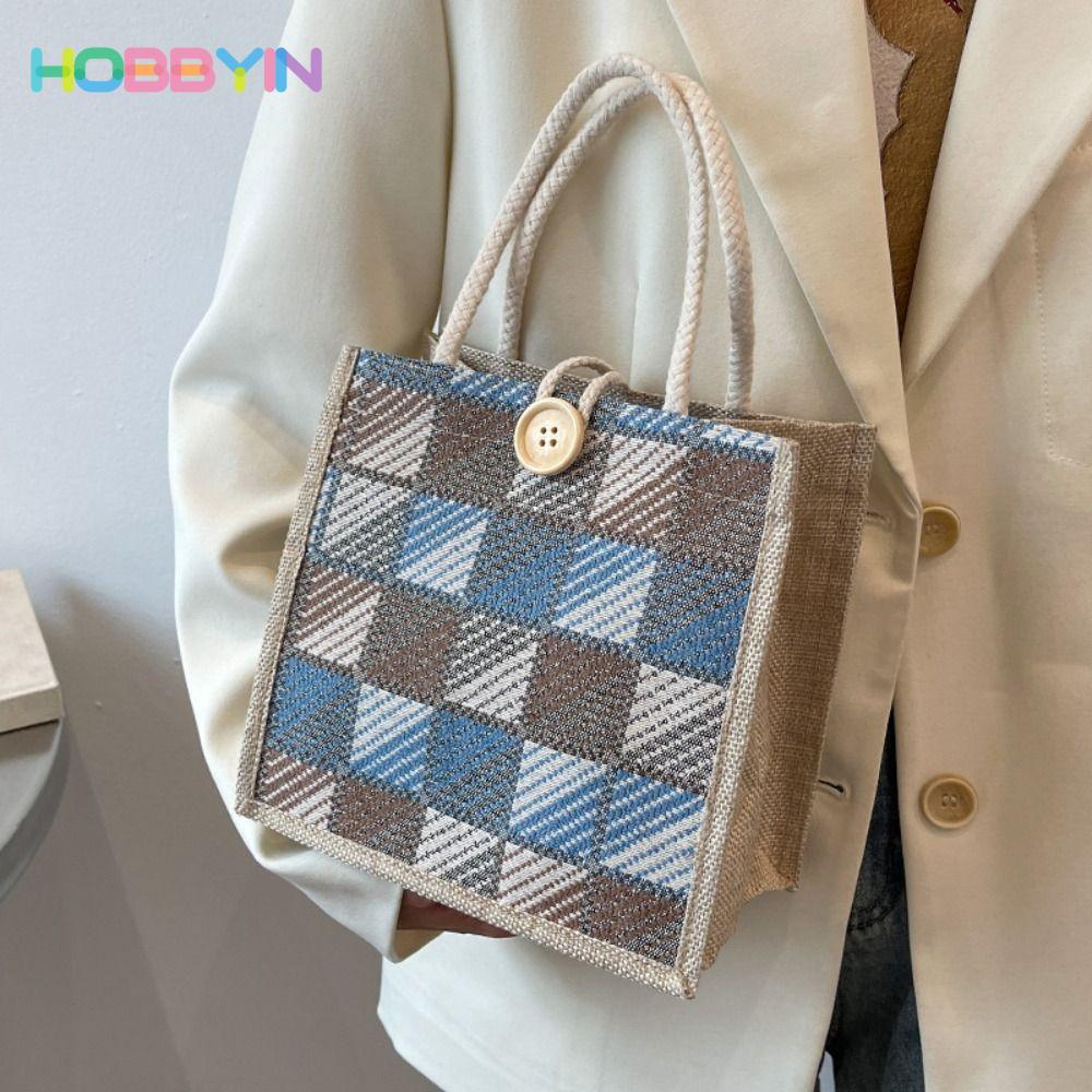 HOBBYIN Túi xách vải HOBBYIN, Túi đựng đồ ăn trưa vải lanh dung tích lớn, di động có nút Túi Tote nhỏ có thể tái sử dụng Nhân viên văn phòng