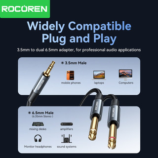 Rocoren 3.5mm Đến Đôi 6.5mm Cáp AUX Adapter Cáp Âm Thanh 6.5 Jack Sang Stereo 3.5 Jack Cho Bộ Khuếch Đại Bộ Chuyển Đổi 6.35mm