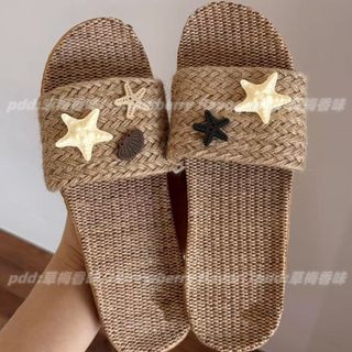 Giảm giá hấp dẫn!Phong cách thích hợp độc quyền ~ Nút dễ thương Vỏ sao biển Nhật Bản Dép vải lanh ống hút phong cách mới Dép xỏ ngón bán chạy