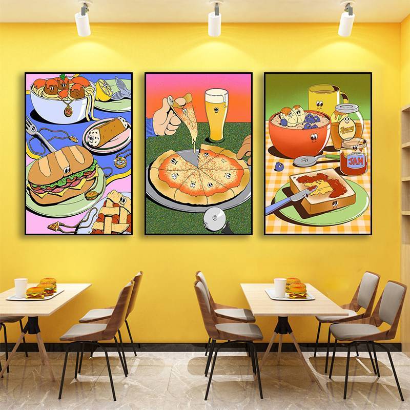 Hoạt Hình Pizza Chiên Gà Hamburger Vải Treo Tường Nghệ Thuật Cho Nhà Hàng Thức Ăn Nhanh Cửa Hàng Trang Trí Phòng Ăn Không Có Khung