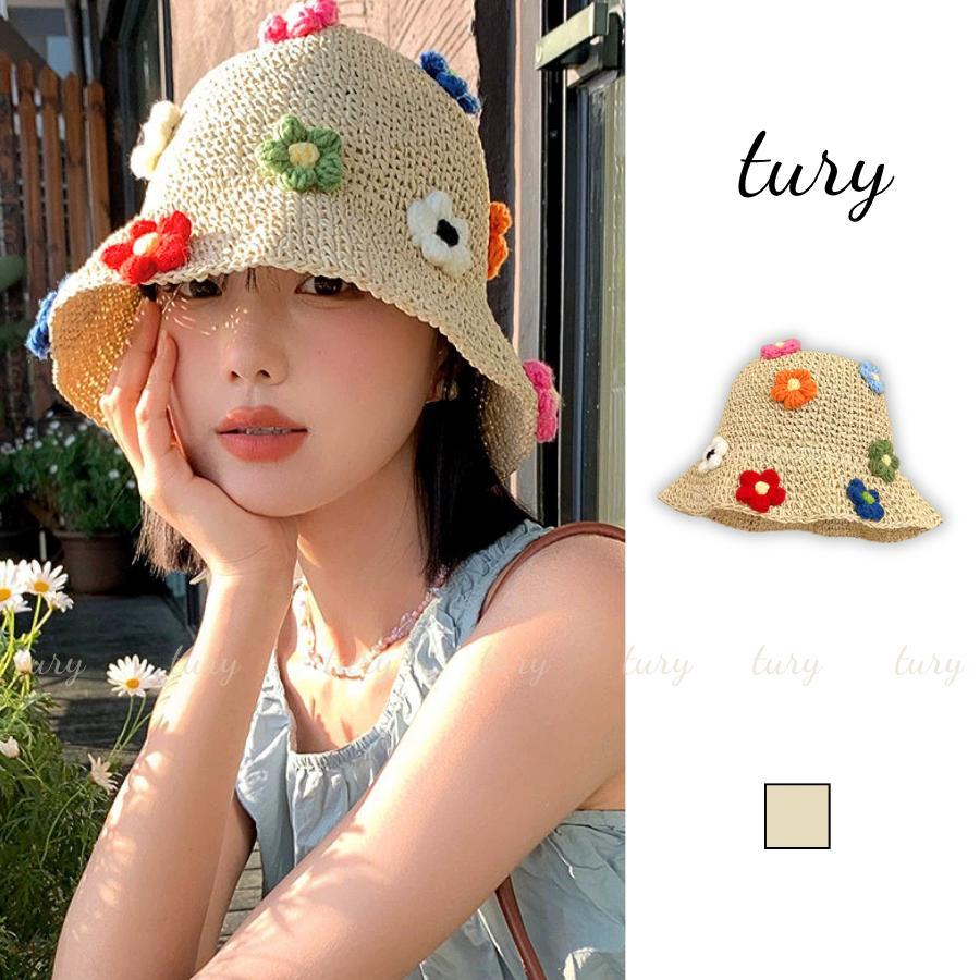 Nón Cói Nữ - Tury - Mũ Cói Mềm Phối Hoa Len Nổi Dễ Thương - NC053