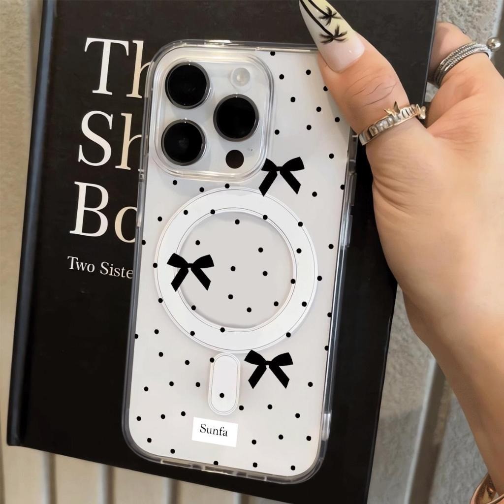 Nơ màu đen sóng điểm phù hợp với iphone 17_16plu chống thấm nước 15_14 dễ thương mới 13_12_11