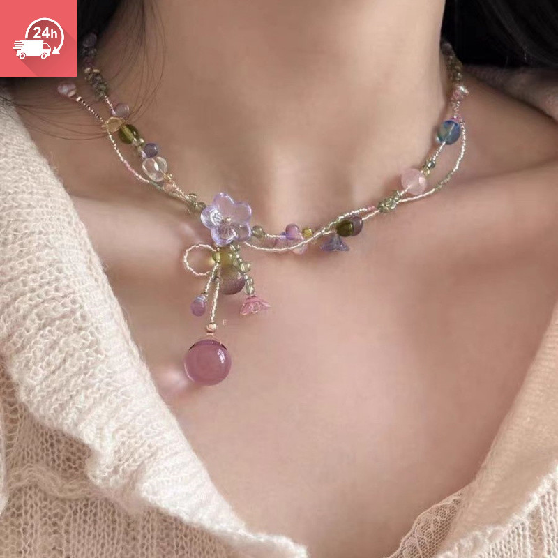 Vòng cổ đính cườm hoa màu hồng thanh lịch dành cho nữ