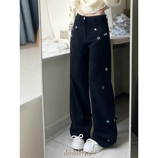 DADUlily | Quần Jean Cắt Thẳng Màu Đen, Kiểu Mỹ, Thêu Ngôi Sao, Quần Ống Rộng Nữ, Quần Cạp Cao