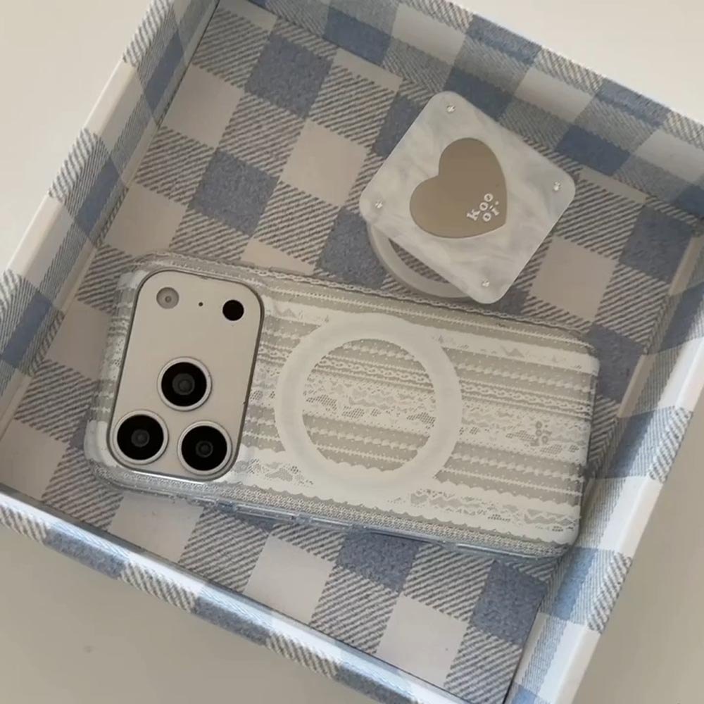 Vỏ cứng Tương thích với iPhone 13 14 14Pro 14ProMax 15 15Pro 15ProMax 16 16Pro 16ProMax 17 17Pro 17ProMax Vỏ nam châm họa tiết ren trắng