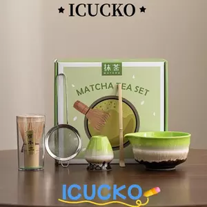 ICUCKO Bộ trà Matcha Nhật Bản, Que trà Matcha Muỗng Matcha Bàn chải, Bát diêm có thể tái sử dụng Dụng cụ làm trà Bộ đánh trứng Matcha bằng gốm tre dành cho những người yêu thích trà