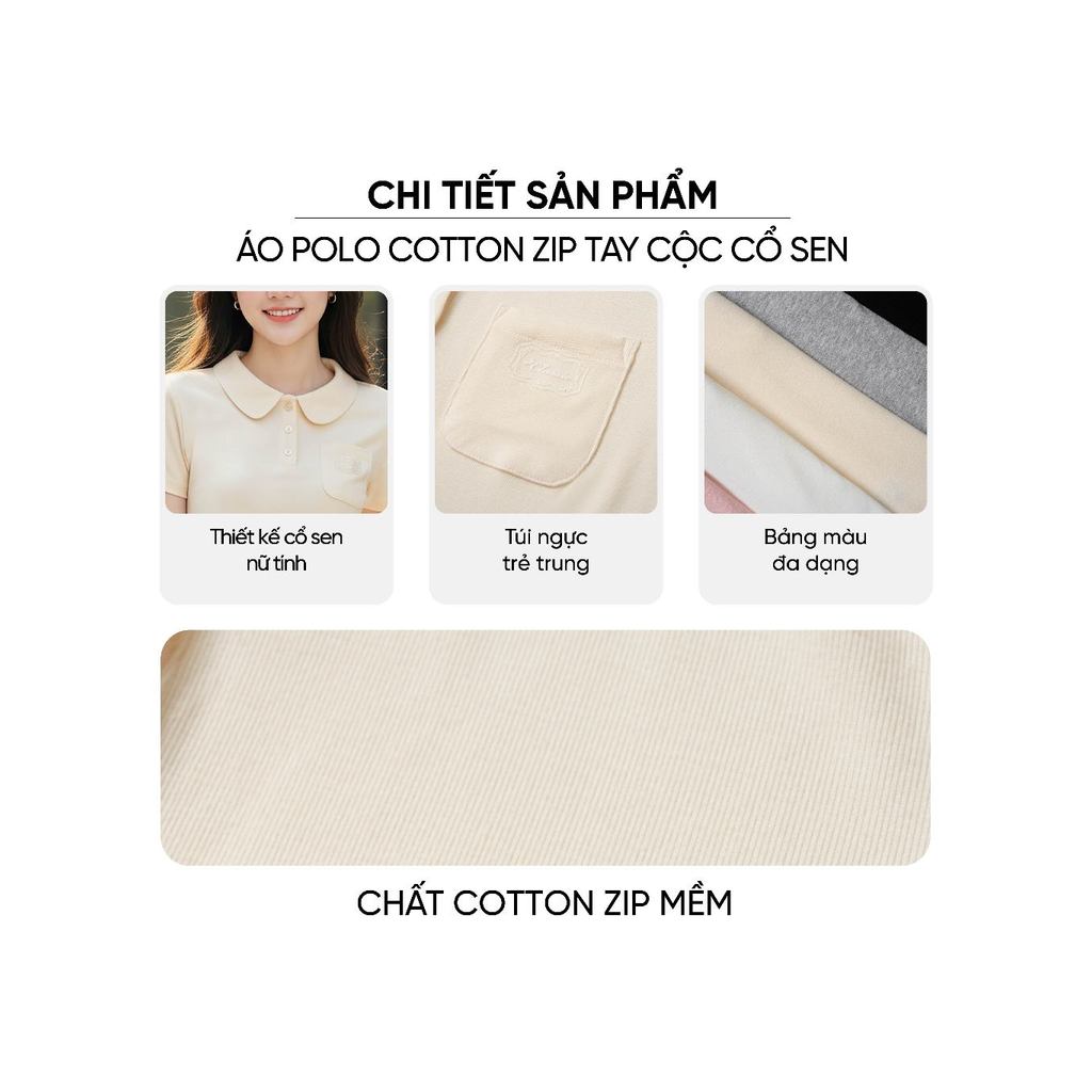 Áo polo nữ CARDINA chất cotton zip tay cộc cổ sen 6APC08