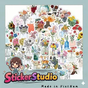 Set 60 Sticker Hoa phong cách hoạt hình Chống Nước Dán Laptop Vali Mũ Bảo Hiểm Sổ Tay