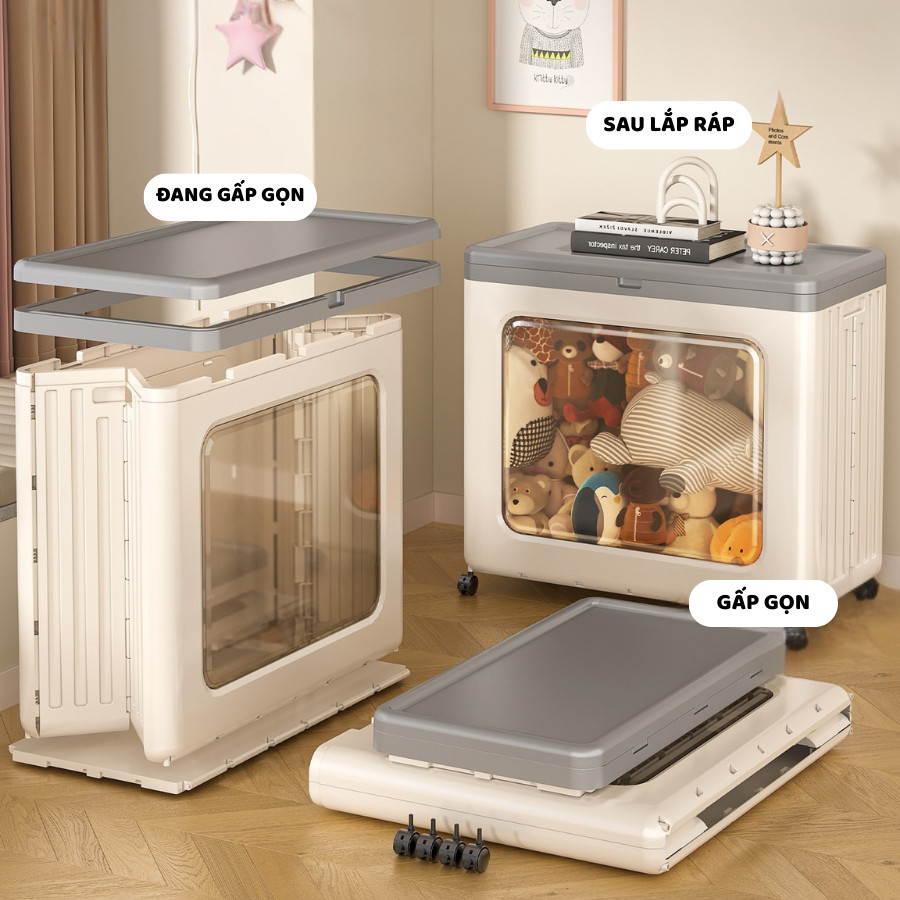 Thùng Đựng Đồ Chơi Gấp Gọn ENODA HOME, Hộp Nhựa Có Nắp Lật Cửa Trong Suốt Đựng Đồ Chơi Gấu Bông Có Bánh Xe Q431