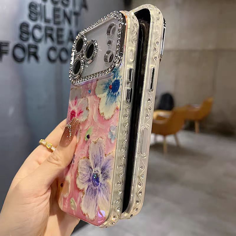 Ốp lưng cứng hình ống kính lấp lánh / Tranh sơn dầu hoa tương thích cho iPhone 13 14 pro max 15 pro max 16 pro max 17 Pro max