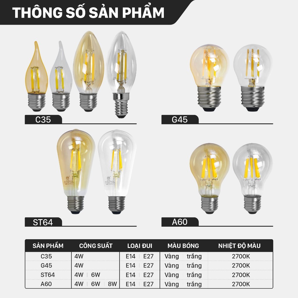 Bóng đèn LED Edison cao cấp, bóng đèn led sợi đốt,ánh sáng vàng,trang trí decor phòng,tiết kiệm điện