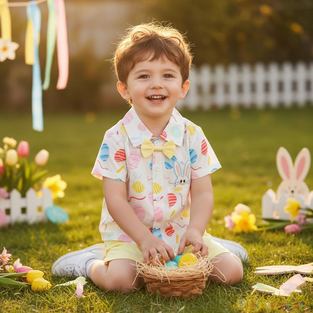 LBH-Toddler Bé Trai Trứng Phục Sinh Họa Tiết Thỏ Nút Xuống Áo Sơ Mi Tay Ngắn Có Quần Short Bộ 2 Chiếc