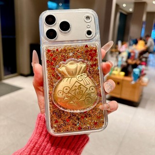 Có Tiền 3D Ngựa Vàng Túi May Mắn Lấp Lánh Quicksand Sequin Ốp Lưng Điện Thoại iPhone 17Promax 17Pro 12 13 14 15 16 Pro Max 11 15Plus Mềm Trong Suốt Nữ Vỏ Di Động