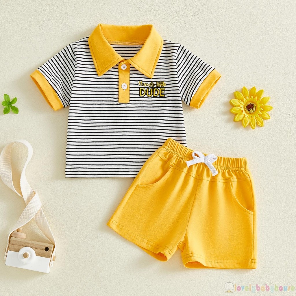 LBH-Boys Mùa Hè Tay Ngắn Ve Áo Thêu Chữ Sọc Áo Và Quần Short Màu Trơn