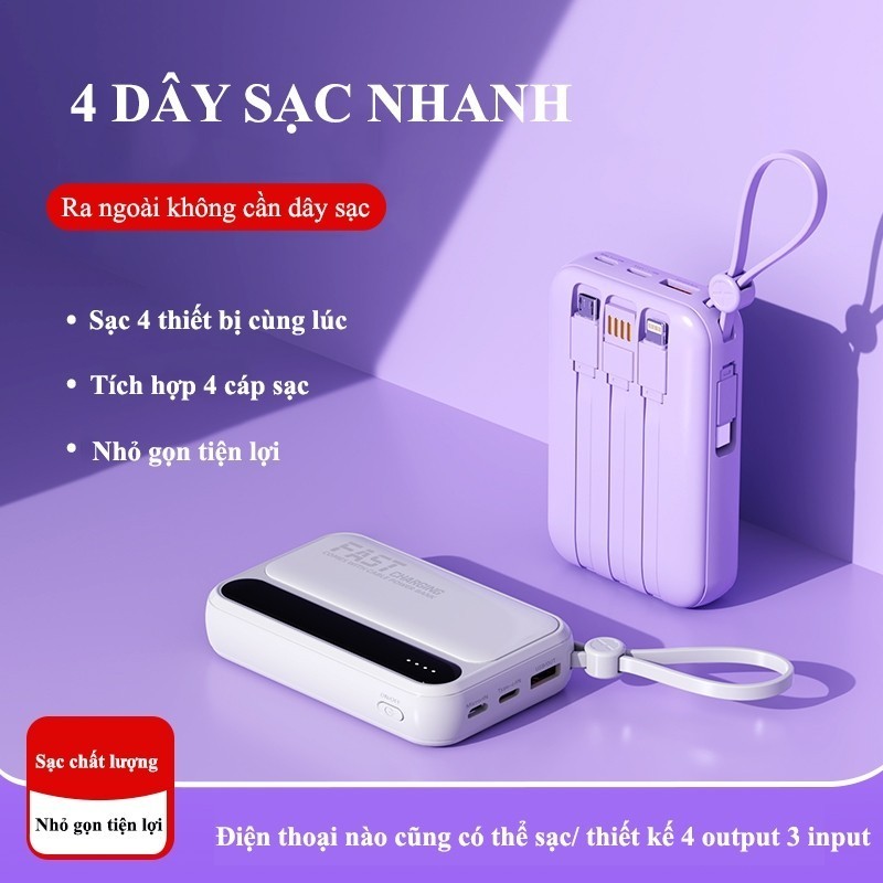 Sạc dự phòng 20000mAh mini cầm tay tích hợp dây sạc siêu tiện lợi đèn LED hiển thị phần trăm pin