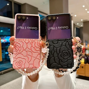 Mới Sang Trọng Da PU Gấp Ốp Lưng Điện Thoại Samsung Galaxy Z Flip 5 6 7FE 7 Thiết Kế Độc Đáo Họa Tiết Hoa Ốp Lưng Điện Thoại Cho Z Flip7 Có Dây Buộc Ngắn Chống Sốc Bao