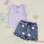 Bộ trang phục 2 món dành cho bé gái Áo cổ tròn không tay đính hoa + Bộ quần short Denim