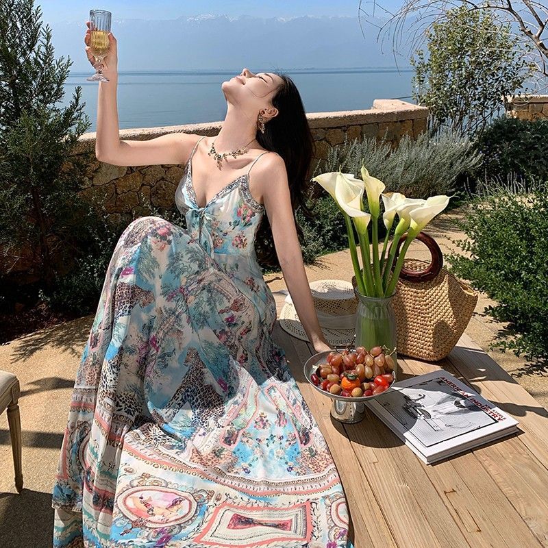 Đầm boho cổ chữ V sling, váy dài sang trọng cho ngày lễ mùa hè