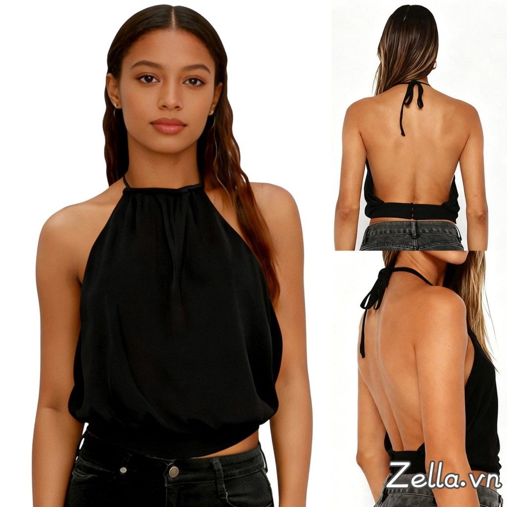 [riSZ] Áo Crop top không tay cổ dây màu trơn cho nữ