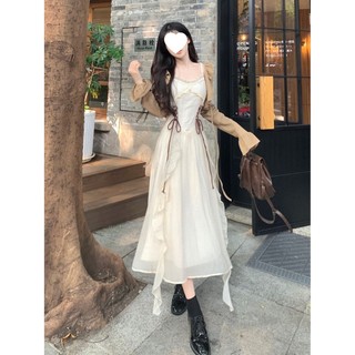 Bộ Váy hai dây dài phong cách bohemian + áo cardigan trẻ trung đa năng cho Nữ mùa Hè