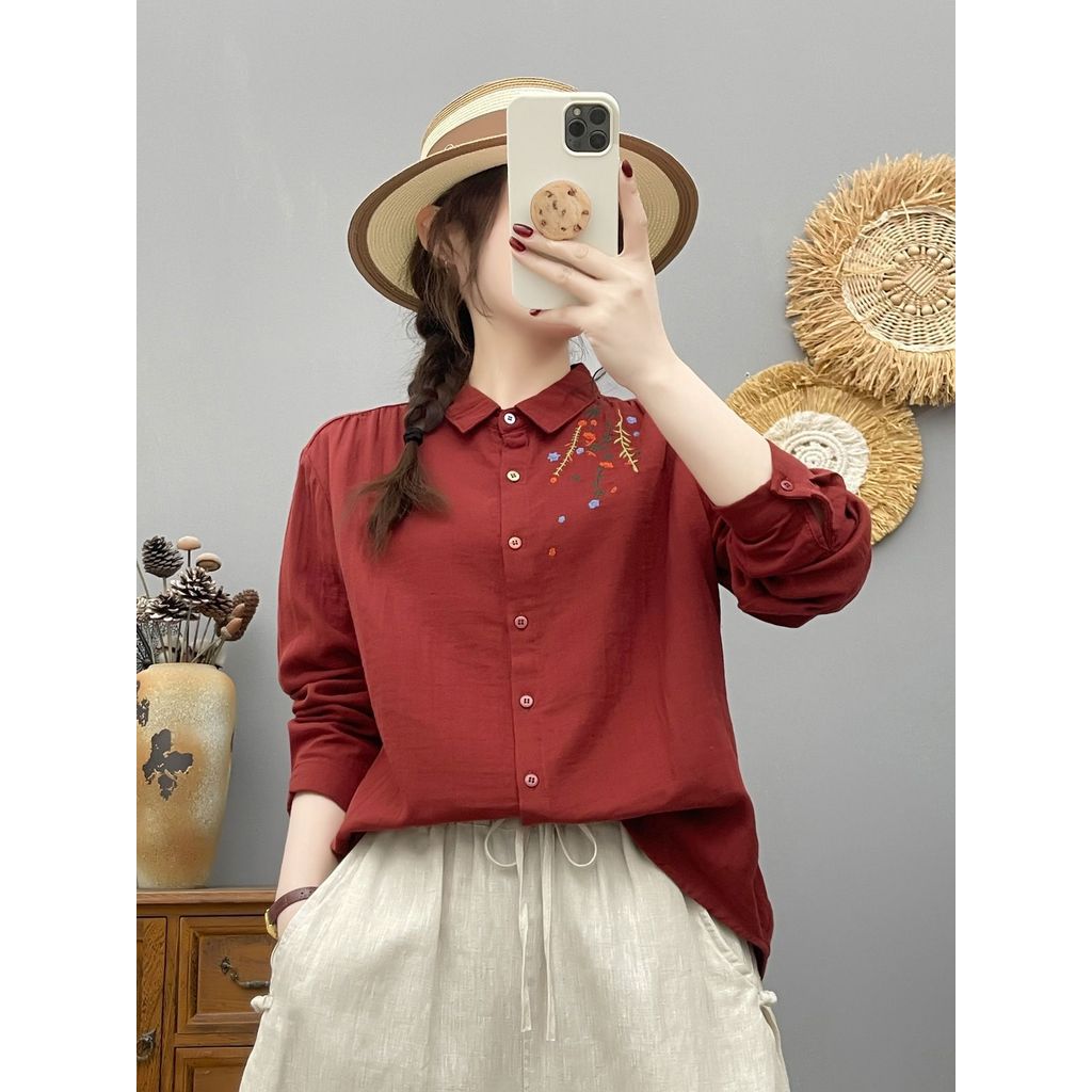 Áo sơ mi nữ cotton cổ nhọn thêu hoa, dáng rộng, thoáng khí cho mùa xuân