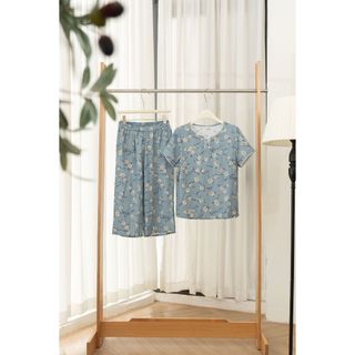 Đồ bộ mặc nhà trung niên nữ SUNFLY lanh mát cho mẹ áo cộc quần ngố SP2262