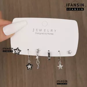FANSIN Bộ 6 Cái Bông Tai Hình Học Y2K, Màu Bạc Ngôi Saò Đen Tua Rua Dài