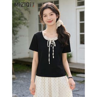 【MIZIQI】Áo thun ngắn tay hai mảnh giả cotton nguyên chất dành cho nữ, crop top viền ren