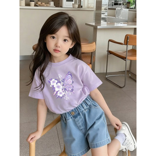 Áo thun in hình bướm phong cách retro dành cho bé gái, kiểu dáng thường ngày, dễ phối đồ và thoáng khí, cổ tròn.