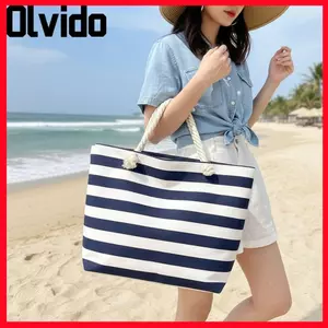 Túi Tote đi biển OLVIDO, Túi xách du lịch dung tích lớn bằng vải Canvas, Túi đeo vai sọc có thể gập lại có dây kéo thời trang dành cho công sở du lịch Cửa hàng phòng tập thể dục bãi biển