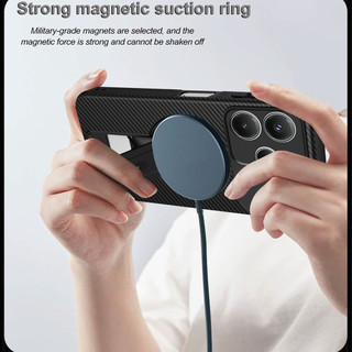 Dành Cho Redmi Note 14 4G / 5G Ốp điện thoại Sợi Carbon Kết Cấu Mặt Sau Cứng Từ Tính Có Chân Đế Mềm TPU Cạnh Chống Sốc Mỏng Bao