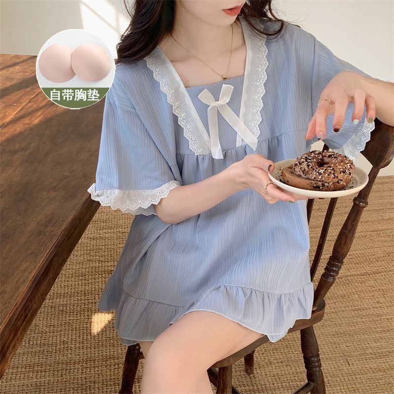 Ren Có Miếng Lót Ngực Bộ Đồ Ngủ Nữ Phù Hợp Với Cô Gái Dễ Thương Ngọt Ngào Ngắn Tay Quần Short Loungewear Có Thể Mặc Bên Ngoài