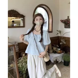 Áo sơ mi trẻ em tay phồng màu xanh tươi nhẹ, phong cách Nhật Bản cho mùa hè
