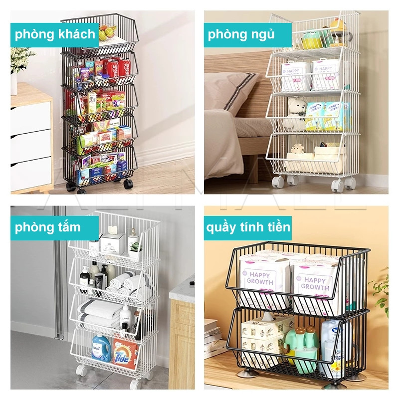 Kệ đựng đồ nhà bếp có bánh xe Xe đẩy lưới sắt có thể tháo rời Kệ Bếp đặt rau và trái cây