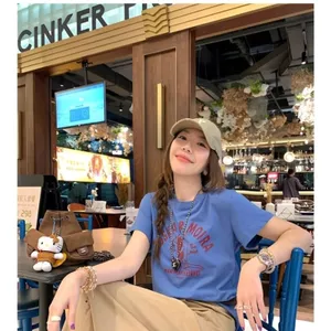 Áo thun ngắn tay in hình chim cánh cụt màu xanh mùa hè Slim-Fit Slimer Look Top Hợp thời trang