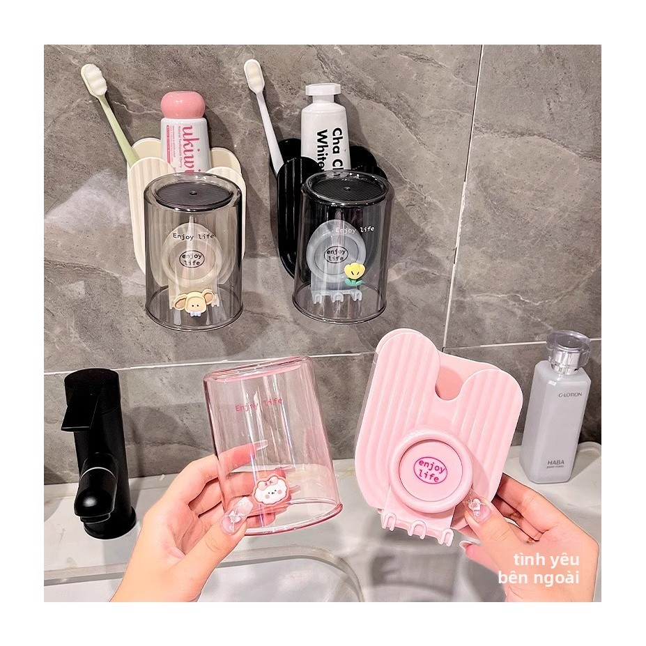 Bàn chải treo tường phòng, cốc nước súc miệng, giá đựng kem đánh răng chống trượt, tiết kiệm không gian | Tường dính chắc chắn