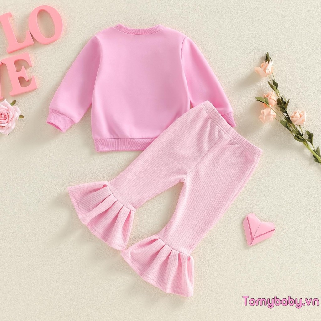 Bộ trang phục 2 món ngày lễ tình nhân cho bé gái Áo dài tay trang trí trái tim + Bộ quần loe lưng co giãn